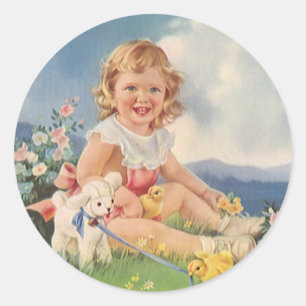 Sticker Rond Pâques vintage, fille avec agneaux et poussins dan