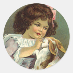 Sticker Rond Pâques vintage, fille victorienne lapin oeufs de P