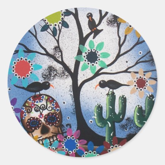Sticker Rond Par Lori Everett_ Jour Des Morts, Mexicain, Crâne, (Devant)