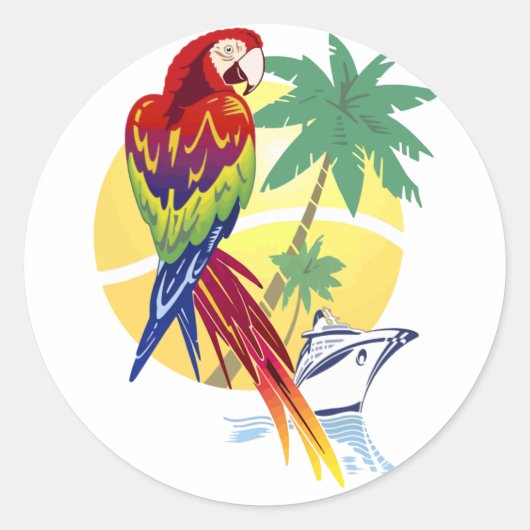 Sticker Rond Paradis tropical avec Macaw et Cruise Ship (Devant)