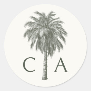 Sticker Rond Paraphe Mariage Tropical Palm Tree Monogramme