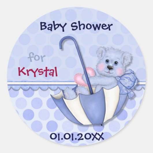 Sticker Rond Parapluie Bear Blue Polka Dot Baby shower (Devant)