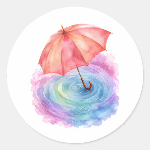 Sticker Rond Parapluie Pastel Ondulations de Pluie Art Aquarell