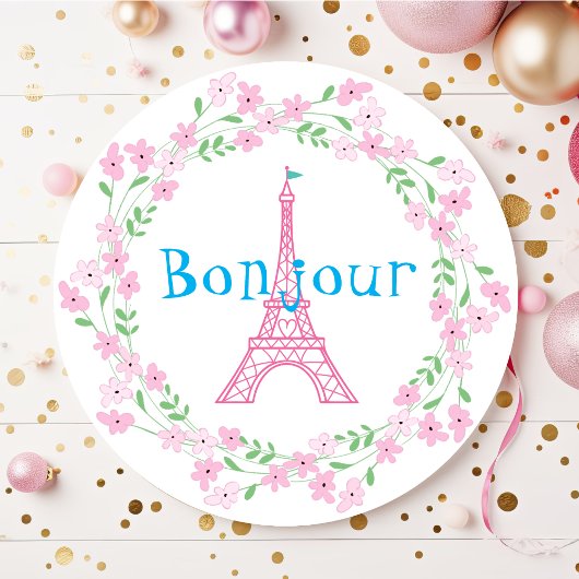Sticker Rond Paris Bonjour Floral rose