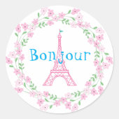 Sticker Rond Paris Bonjour Floral rose (Devant)