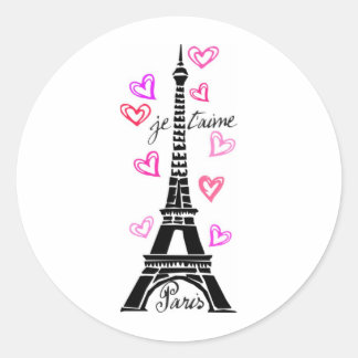 STICKER ROND PARIS JE T'AIME EIFFEL ET COEURS ROSES