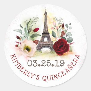 Sticker Rond Paris rougissent et Bourgogne Quinceanera floral