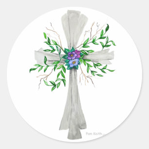 Sticker Rond Parlez Croix gris Jésus avec Fleurs