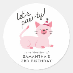 Sticker Rond Parti Anniversaire de enfant Chat Rose   Paw-ty