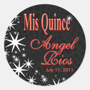 Sticker Rond Parti "Black Stars Quinceañera" (noir/corail)