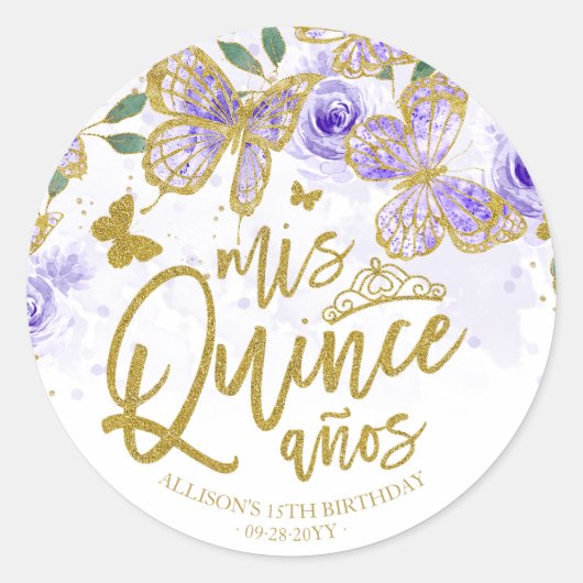 Sticker Rond Parti Quinceanera Florale de papillon pourpre (Devant)