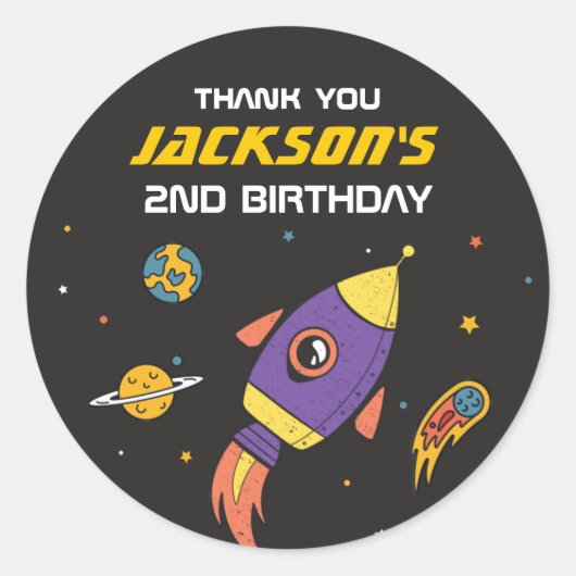 Sticker Rond Partie Anniversaire de enfant de vaisseau de fusée (Devant)