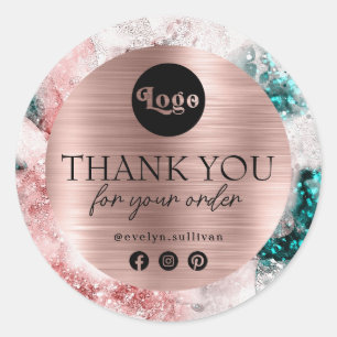 Sticker Rond Parties scintillant Aquarelle Rose or Merci à huil
