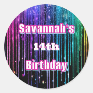 Sticker Rond Parties scintillant arc-en-ciel Drithday Party