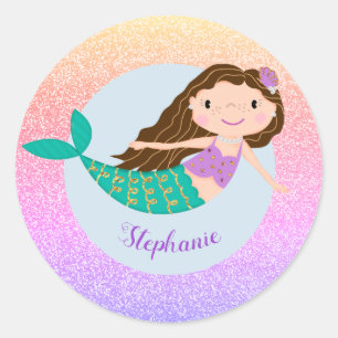 Sticker Rond Parties scintillant arc-en-ciel mignonne sirène pe