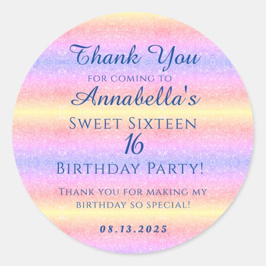 Sticker Rond Parties scintillant arc-en-ciel Sweet 16 Seize Mer (Devant)