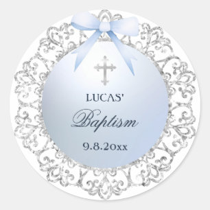 Sticker Rond Parties scintillant Argent Cadre Bleu Bow Baptême