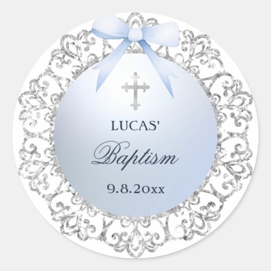 Sticker Rond Parties scintillant Argent Cadre Bleu Bow Baptême (Devant)