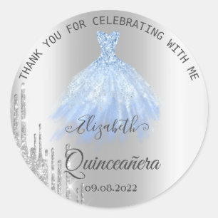 Sticker Rond Parties scintillant argent gouttes robe bleue Quin