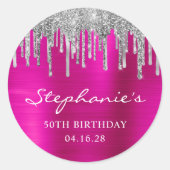 Sticker Rond Parties scintillant argent gouttes rose chaud 50e (Devant)