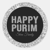 Sticker Rond Parties scintillant Argent Hébreu Happy Purim (Devant)