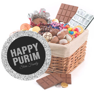Sticker Rond Parties scintillant Argent Hébreu Happy Purim