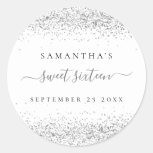 Sticker Rond Parties scintillant Argent Nom Date Sweet sixteen