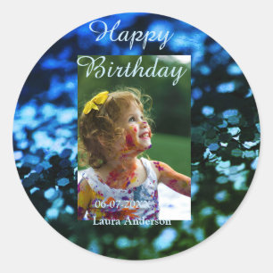Sticker Rond Parties scintillant bleu vert photo anniversaire d