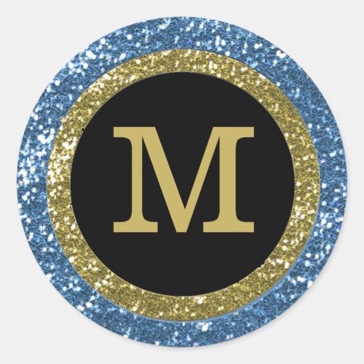 Sticker Rond Parties scintillant Bleue Et Or Monogramme (Devant)