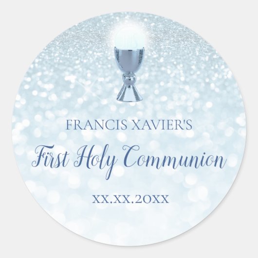 Sticker Rond PARTIES SCINTILLANT bleue FAUX Première communion (Devant)