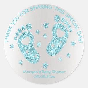 Sticker Rond Parties scintillant bleue Pieds Baby shower Favori