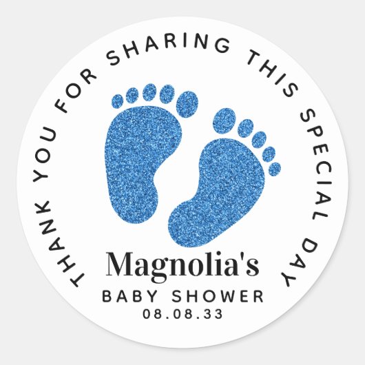 Sticker Rond Parties scintillant Bleue Pieds Baby shower Merci (Devant)