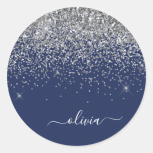Sticker Rond Parties scintillant bleue Silver Navy Girl Monogra