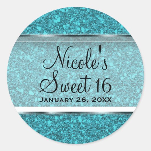 Sticker Rond Parties scintillant bleue turquoise Glam Sweet 16  (Devant)