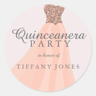 Sticker Rond Parties scintillant Corail Pêche Gown Quinceanera