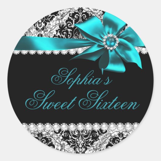 Sticker Rond Parties scintillant Damas et bijoux Turquoise Bow (Devant)