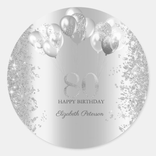 Sticker Rond Parties scintillant d'argent Balloons Confetti 80e (Devant)