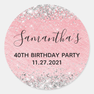 Sticker Rond Parties scintillant d'argent en cuir rose 40e fête