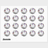 Sticker Rond Parties scintillant d'argent et licorne (Feuille)