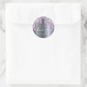 Sticker Rond Parties scintillant d'argent goutte violet merci f (Sac)
