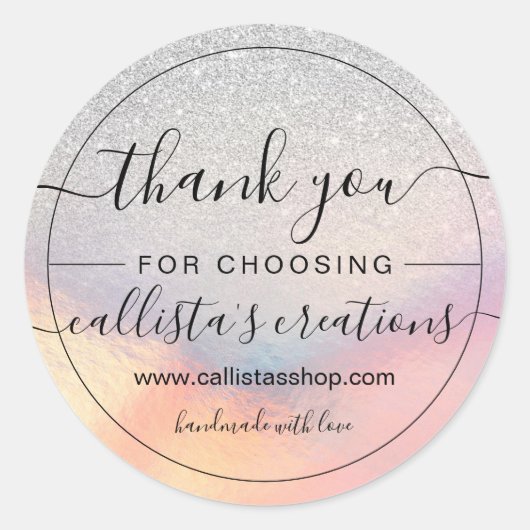 Sticker Rond Parties scintillant d'argent Iridescente Merci hol (Devant)