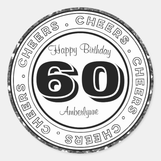 Sticker Rond Parties scintillant d'argent noir blanc 60e annive (Devant)