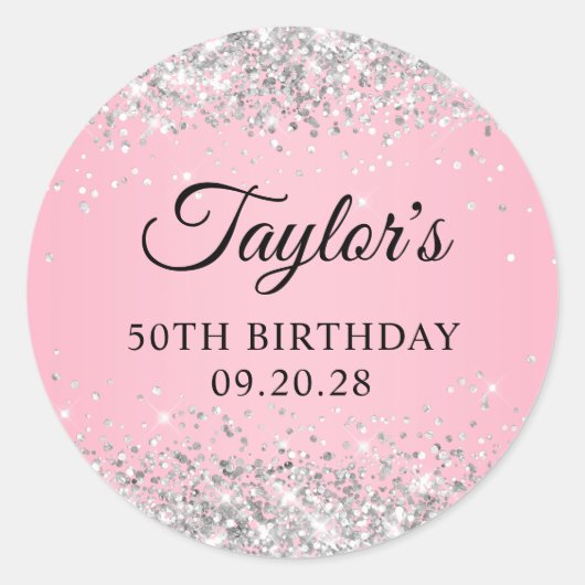 Sticker Rond Parties scintillant d'argent rose 50e anniversaire (Devant)