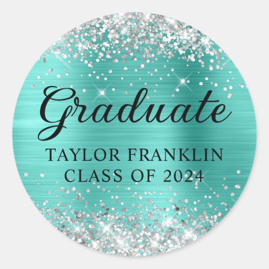 Sticker Rond Parties scintillant d'argent Turquoise Classe de 2 (Devant)