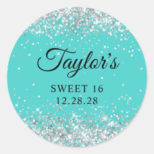 Sticker Rond Parties scintillant d'argent Turquoise Sweet 16 (Devant)