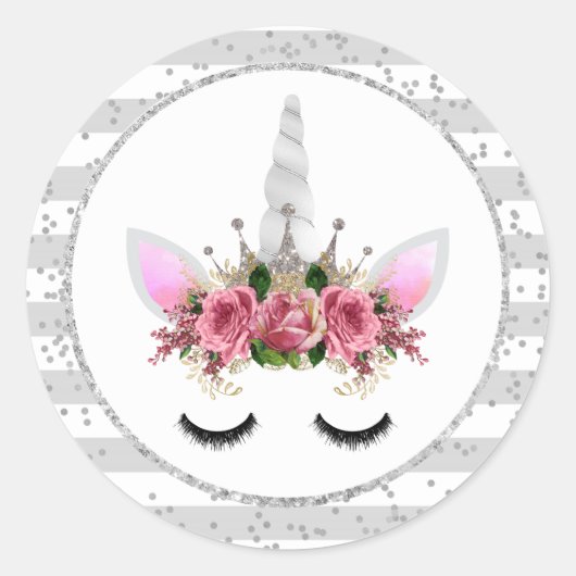Sticker Rond Parties scintillant d'argent Unicorn Princesse (Devant)
