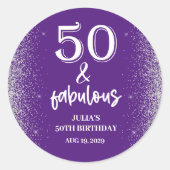 Sticker Rond Parties scintillant d'argent violet 50e fête d'ann (Devant)