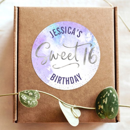 Sticker Rond Parties scintillant d'argent violet doux 16 Aquare