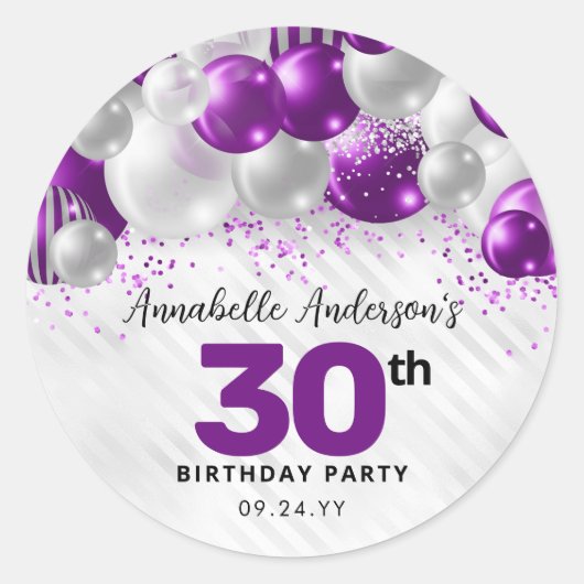 Sticker Rond Parties scintillant de ballons d'argent violet Gla (Devant)
