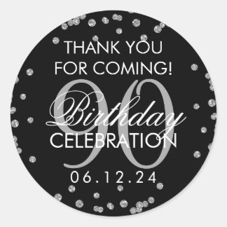 Sticker Rond Parties scintillant de Merci en argent noir 90e an